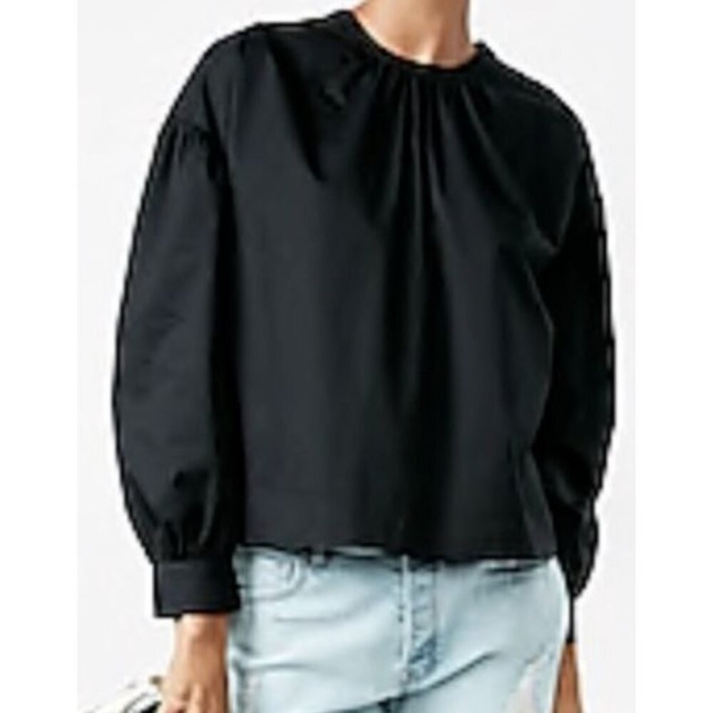Express Blouse Womens XS 0-2 Black Oversize Puff Sleeve top shirt gathered neck
